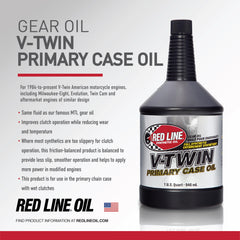 Red Line oil being poured into a motorcycle primary case to ensure proper application