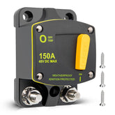 RED WOLF front view of 150A breaker showing switch and studs for easy access and protection