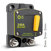 RED WOLF front view of 250A circuit breaker showing compact durable housing and easy reset