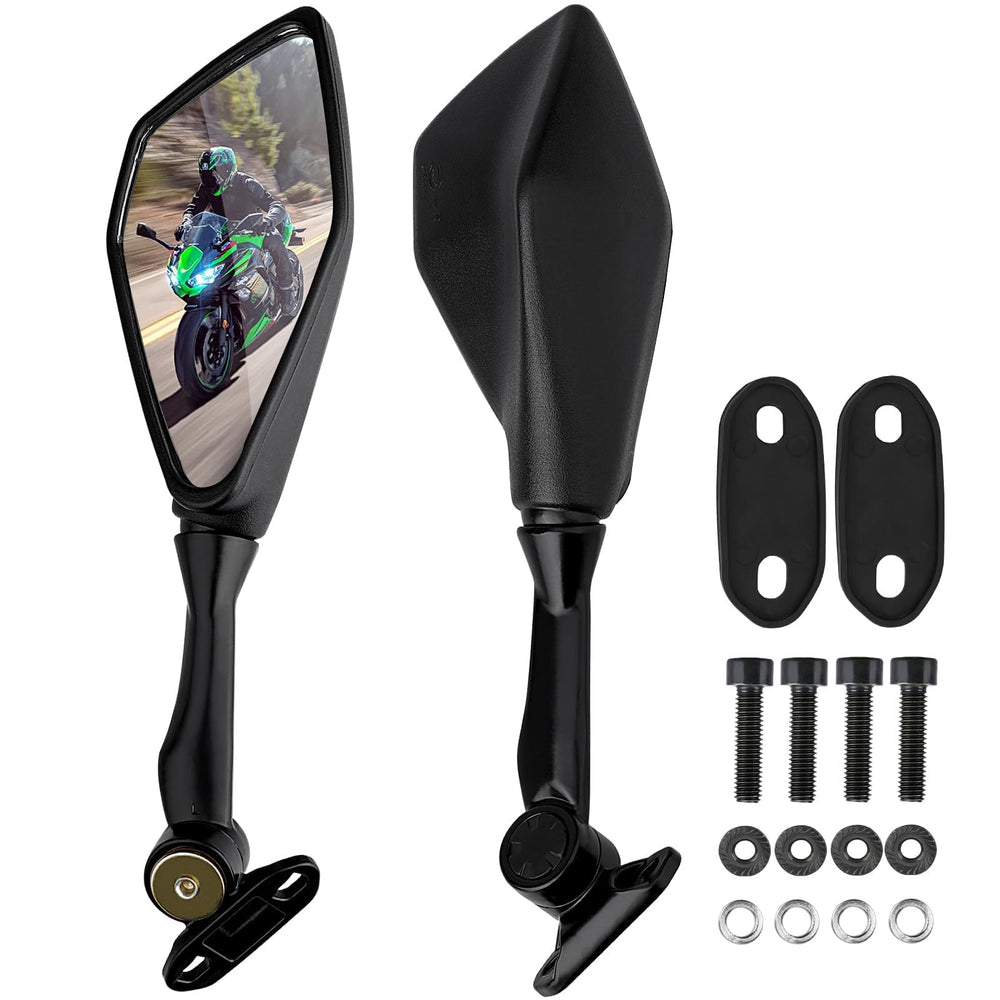 Refitial front view pair mounted on Ninja showing improved rear visibility
