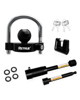 RETRUE front view of complete lock set showing included pieces and keys, secures trailer