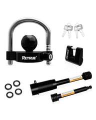 RETRUE front view of complete lock set showing included pieces and keys, secures trailer