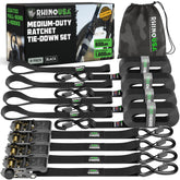 Rhino USA front packaging showing 4-pack ratchet straps and bag, easy storage benefit