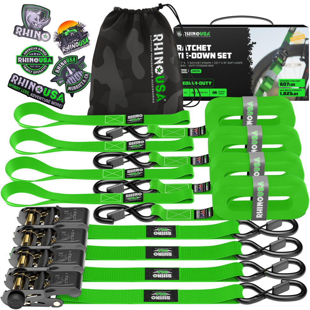 Rhino USA front packaging showing four ratchet straps and included bag for easy storage