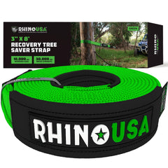 Rhino USA front view of tree saver strap showing branding and durable construction for reliable anchoring