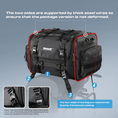 Rhinowalk tail bag mounted on an adventure motorcycle demonstrating secure fit and scale