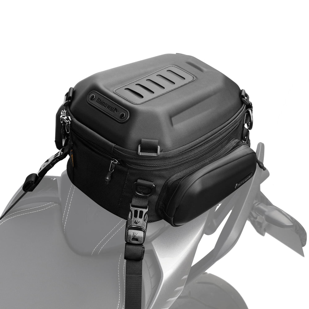 Rhinowalk tail bag front view showing aerodynamic shell and waterproof finish