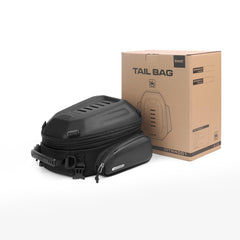 Rhinowalk tail bag mounted on motorcycle rack secured with four straps for stability