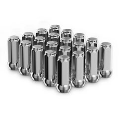 Richeer front view of chrome acorn lug nuts showing polished finish and set benefits
