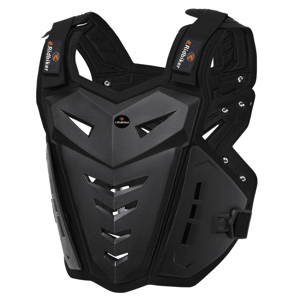 RIDBIKER front view chest armor showing full coverage and secure fit