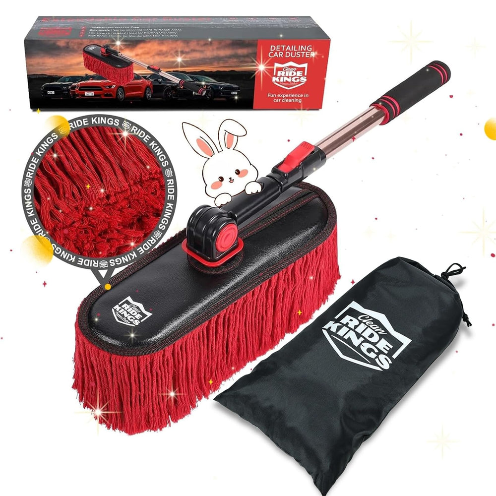 RIDE KINGS front view of extendable car duster showing full assembly and handle benefit