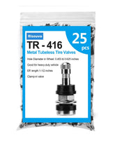 Riseuvo valve stem front view showing 25-piece pack and durable metal construction benefit