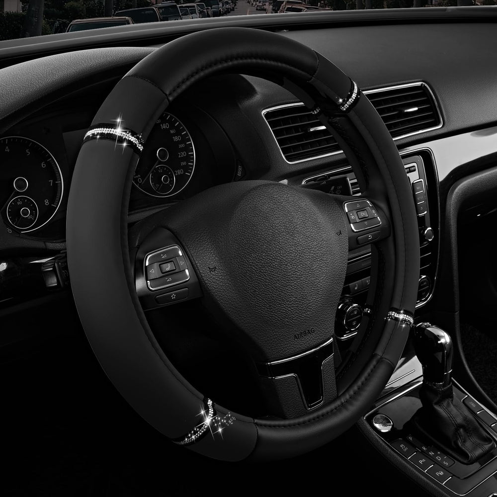 Road Comforts front view of black steering wheel cover showing sleek fit and finish