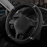 Road Comforts front view of black steering wheel cover showing style and fit