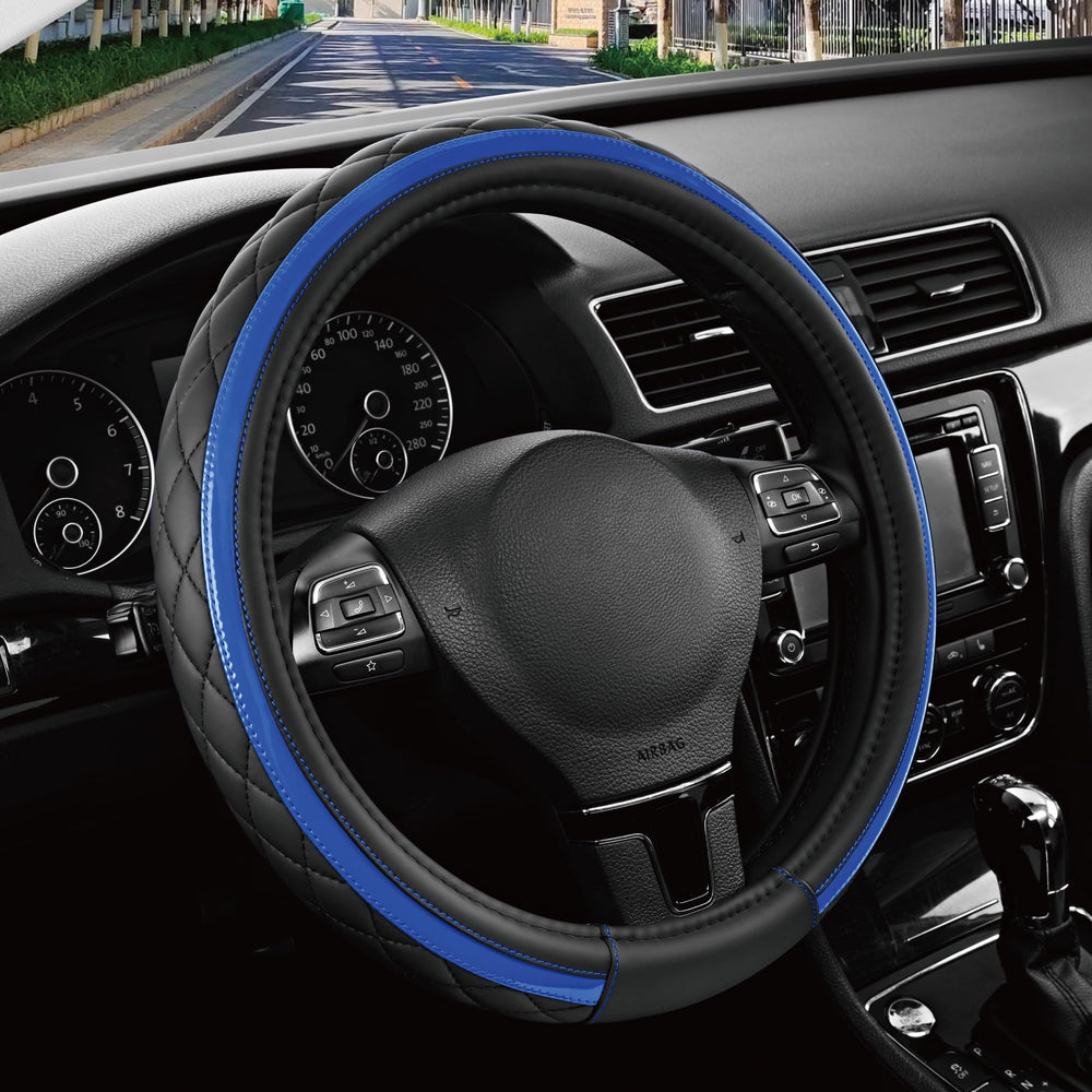 Road Comforts front view showing black and blue design and neat stitching for style