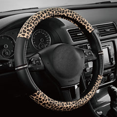 Road Comforts front view showing leopard cover on steering wheel for stylish protection