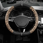 Road Comforts front view of leopard steering cover showing bold pattern and fit benefit