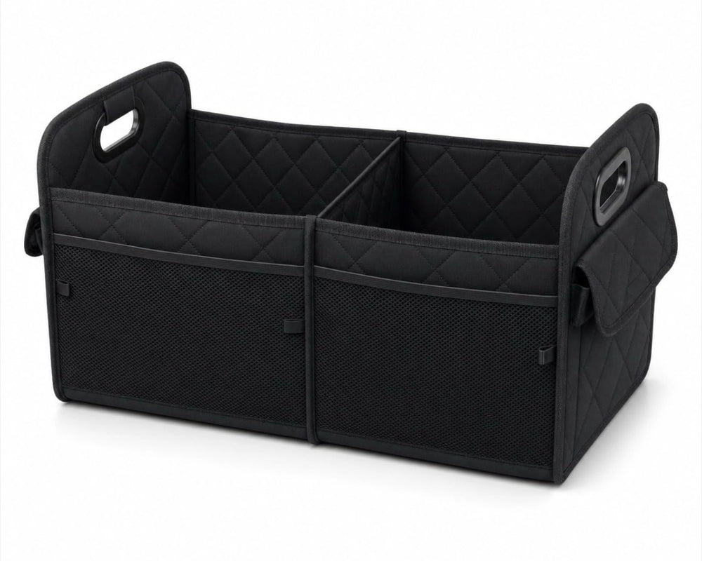 Roadkin front view of quilted organizer showing pockets and handles for easy transport