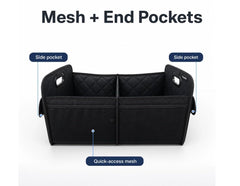 Roadkin side mesh pocket holding bottle for secure, visible beverage storage