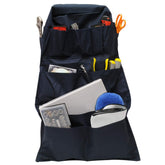 RoadPro seat organizer front view showing 14 pockets and blue vinyl for neat storage