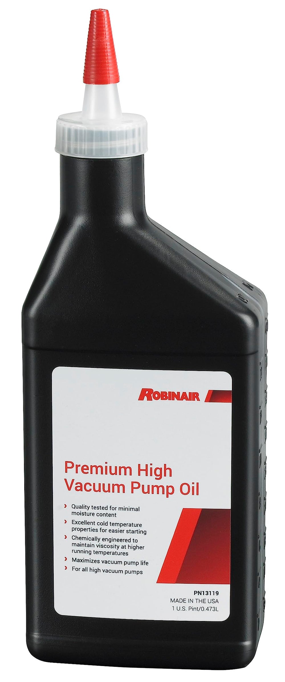 Robinair 13119 front bottle view showing label and pint size for reliable pump protection
