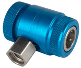 Robinair 18122 front view of low-side coupler showing compact body and safety sleeve, improving leak control