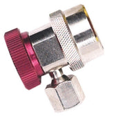 Robinair 18191A front view showing chrome-plated brass body and red actuator, ensures secure service connections