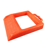ROBLOCK front view of chock showing shape and bright orange visibility for safety