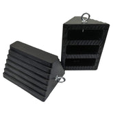 ROBLOCK front view of two black rubber chocks showing shape and size benefit