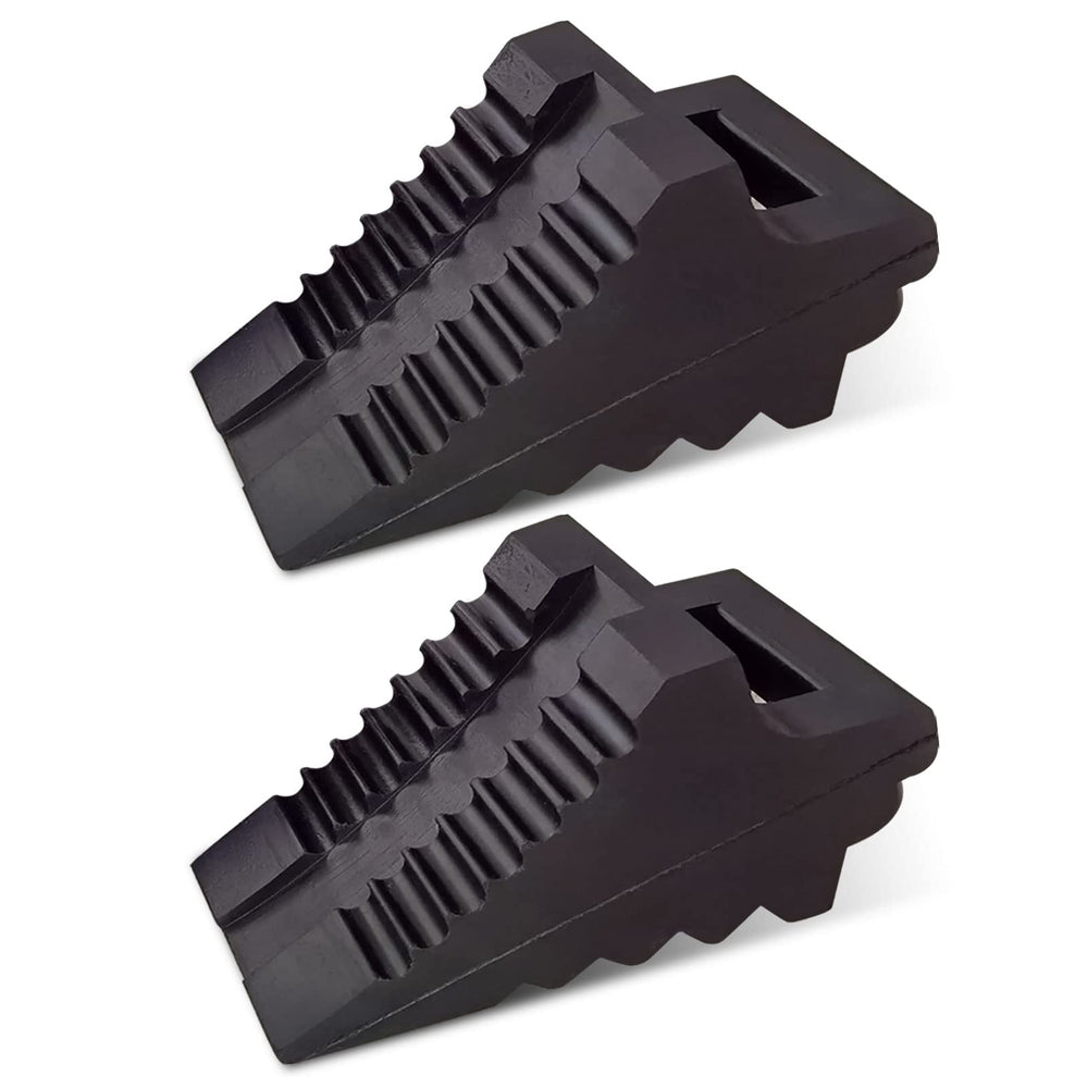 ROBLOck front view of two black wheel chocks showing compact design and durable finish for secure parking
