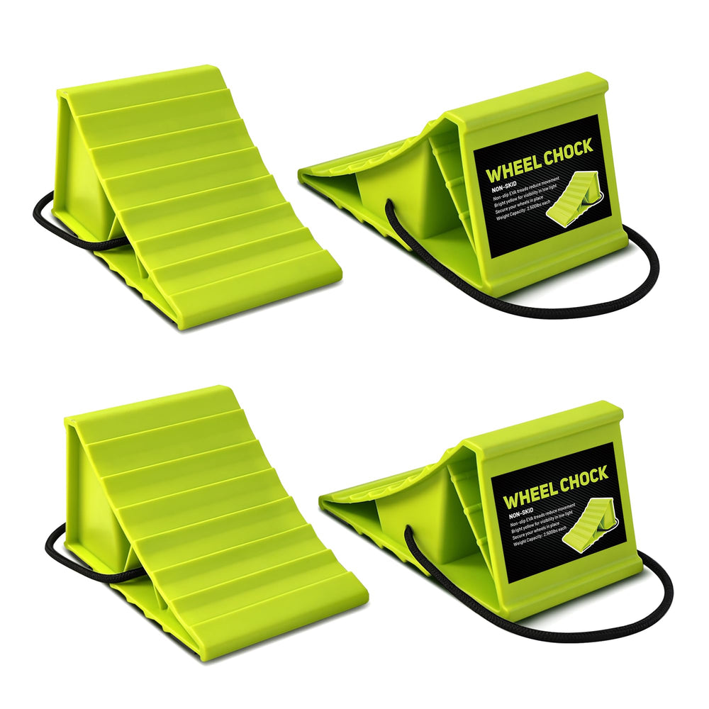 ROBLOck front view of four green wheel chocks showing compact pack and bright color for visibility