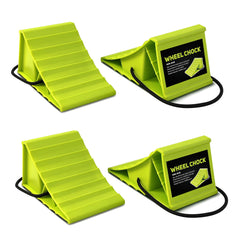 ROBLOck front view of four green wheel chocks showing compact pack and bright color for visibility