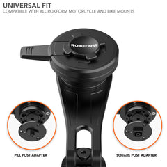 Rokform dampener attached to motorcycle mount demonstrating reduced road vibration impact