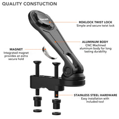 Rokform quad-tab lock detail displaying twist-lock mechanism for secure phone retention