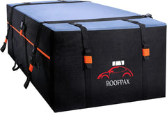RoofPax rooftop cargo bag front view mounted on car showing secure fit and weather protection