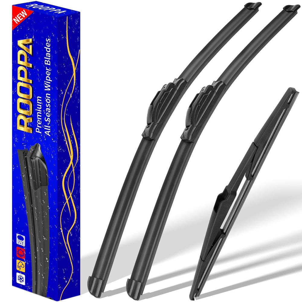 Rooppa front-packaging showing three CX-9 wipers and manual for easy replacement