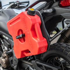 RotopaX 3-gallon pack mounted on vehicle rack, demonstrating space-saving fit and secure transport