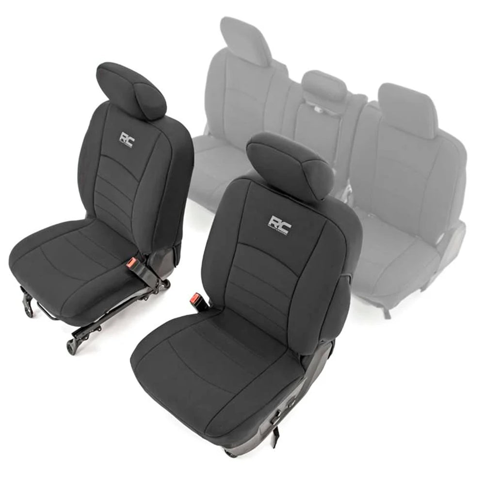 Rough Country front seat covers packaging showing included parts and fit benefits