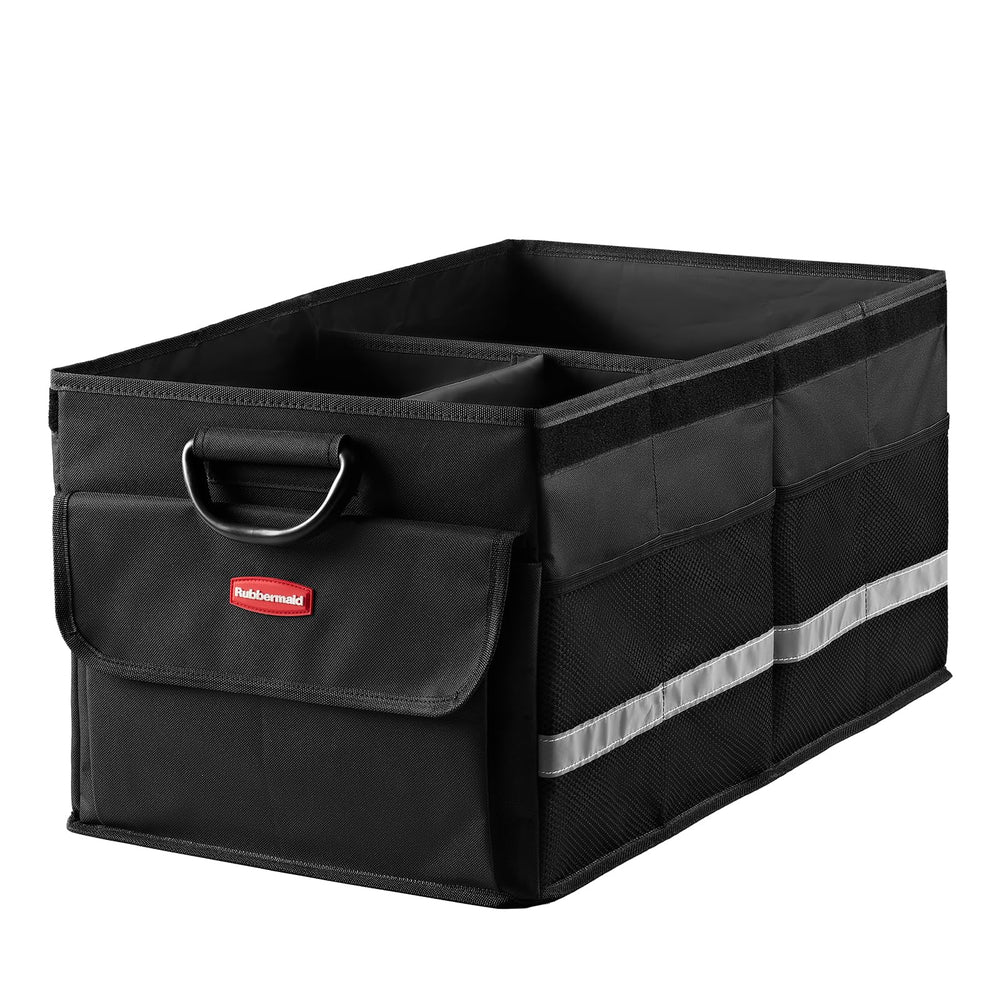 Rubbermaid front view of trunk organizer showing compartments and durability