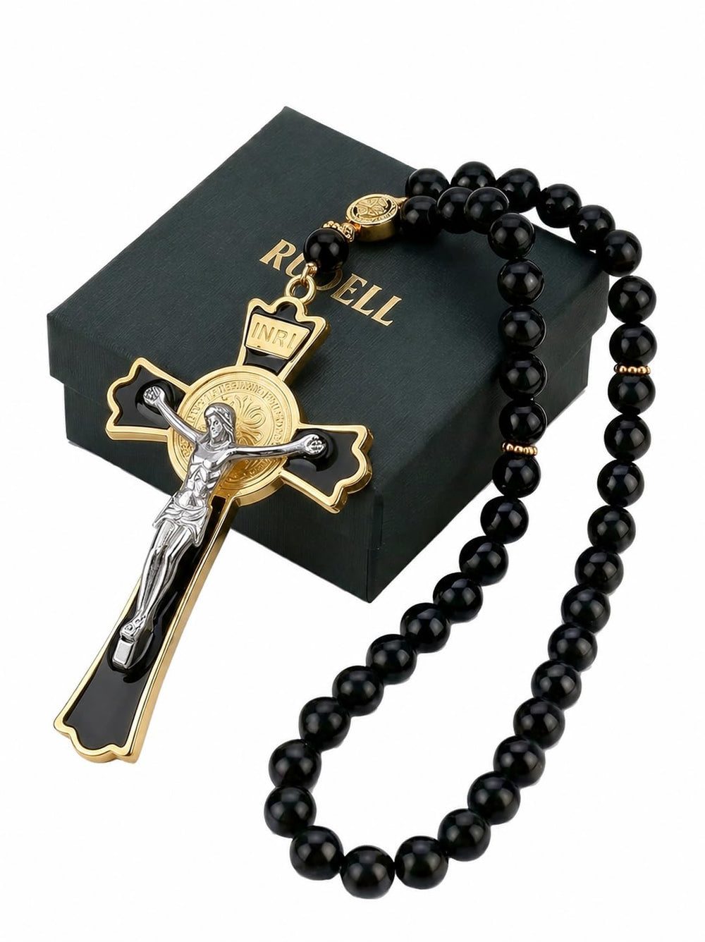 RUDELL front view of black car rosary showing overall design and benefit of subtle devotion