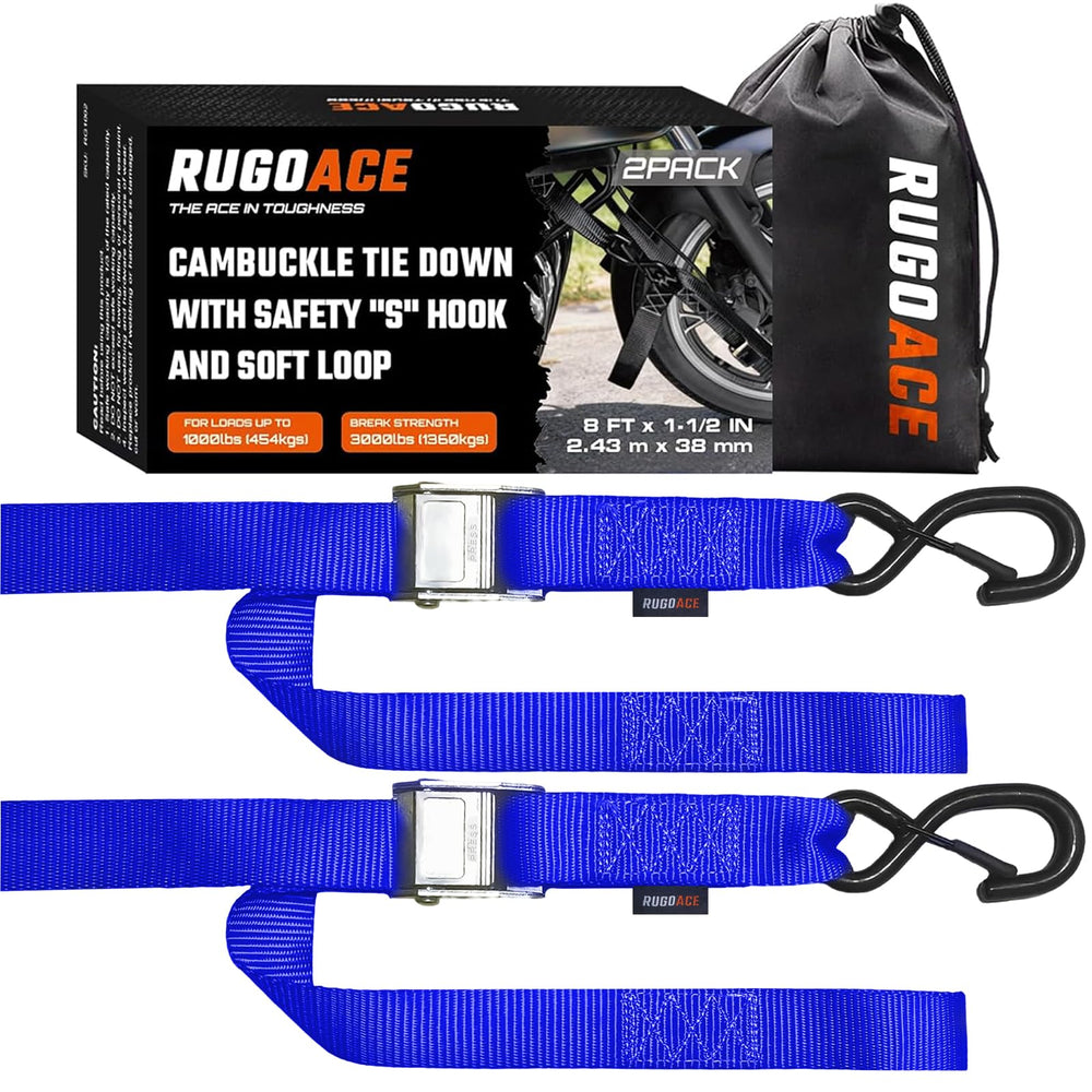RUGOACE front packaging showing 2-pack blue straps, easy transport