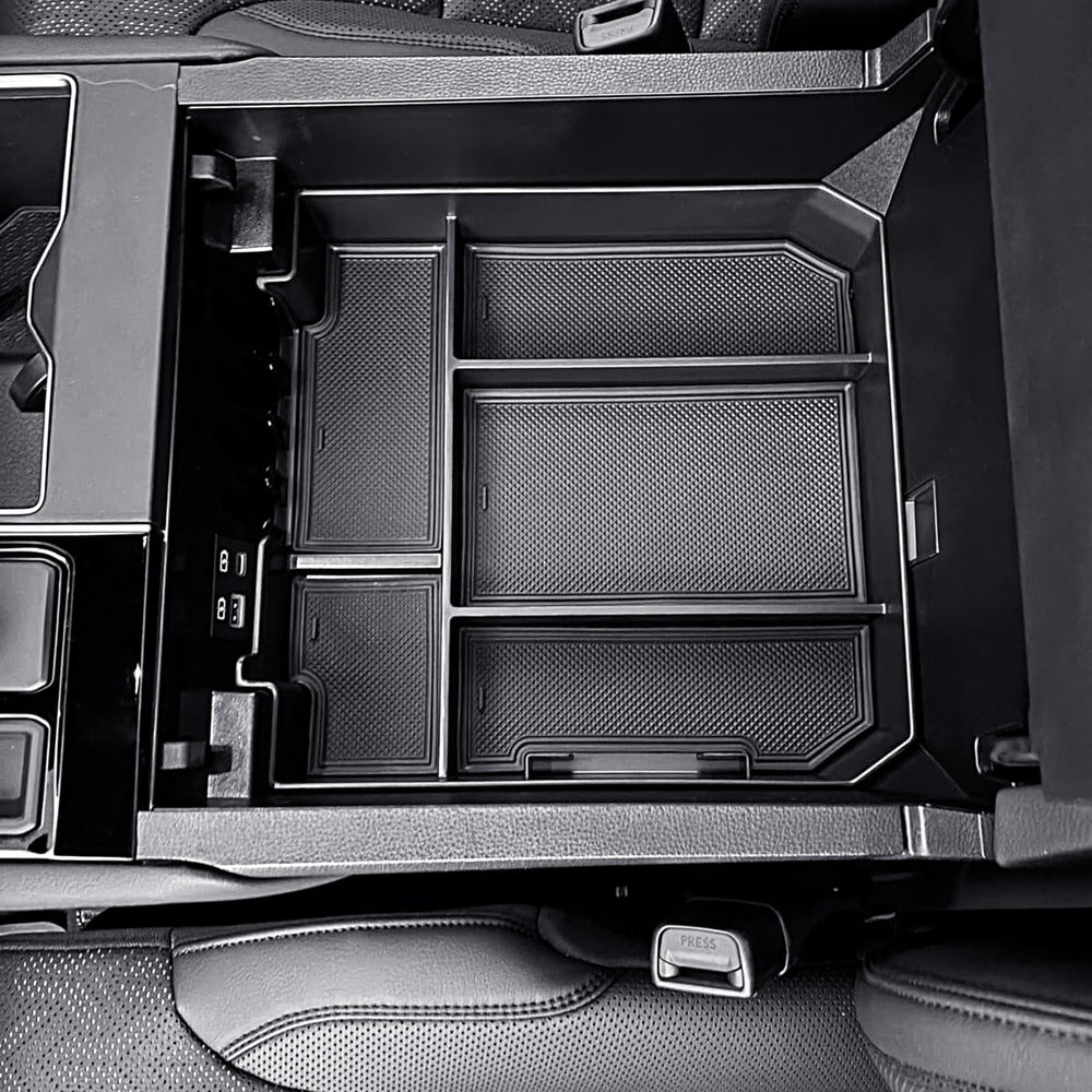 RUNROAD front view of center console tray showing clean organized compartments