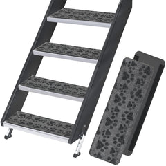 RUNROLE front view of four-pack step covers showing packaging and dimensions, protective benefit