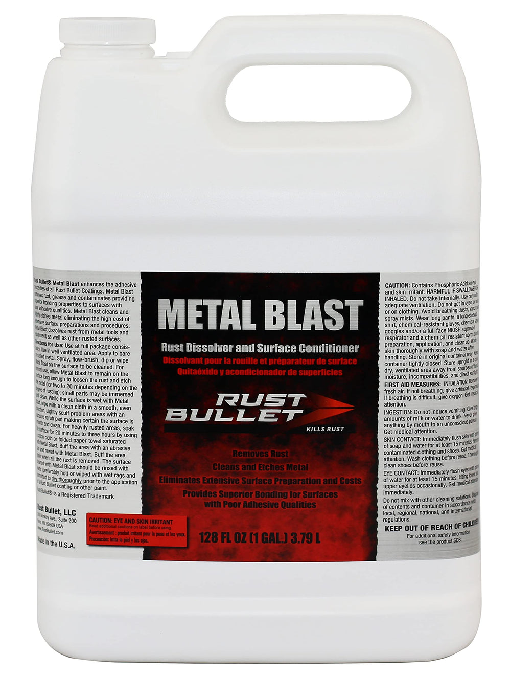 RUST BULLET front label on one‑gallon Metal Blast showing product identity and size benefit