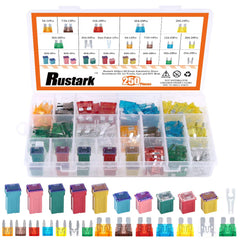Rustark kit front view showing full fuse assortment and case, convenience for roadside repairs