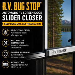 R.V. Bug Stop in use showing slider pulling closed automatically for insect protection