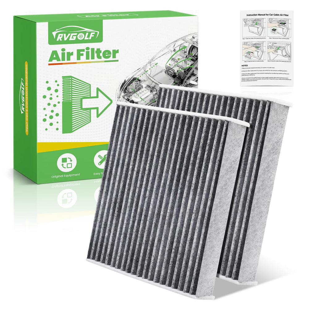 RVgolf front view of 2-pack cabin air filter showing packaging and fit