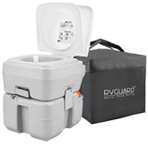 RVGUARD front view of compact portable toilet showing seat and lid, clear travel convenience