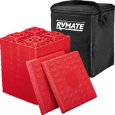RVMATE front pack view showing 12 red leveling blocks and benefits of easy storage