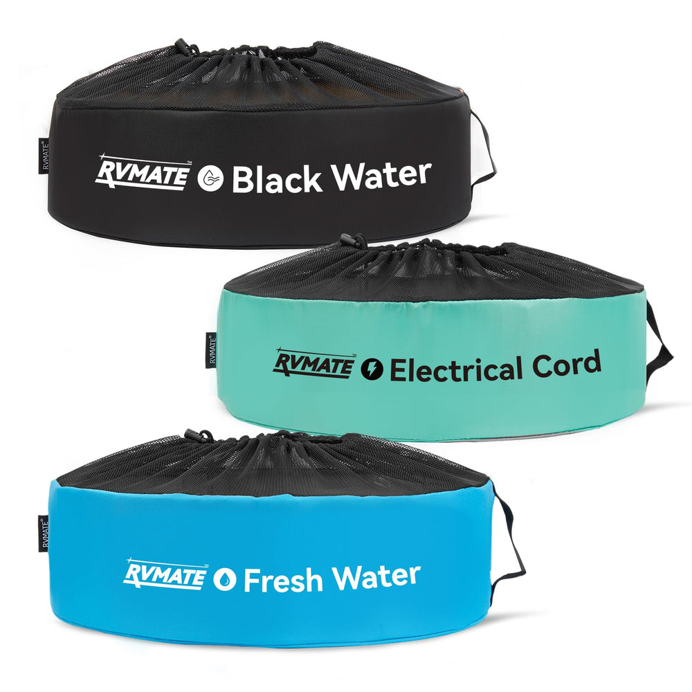 RVMATE front view of three color-coded hose bags, quick identification benefit